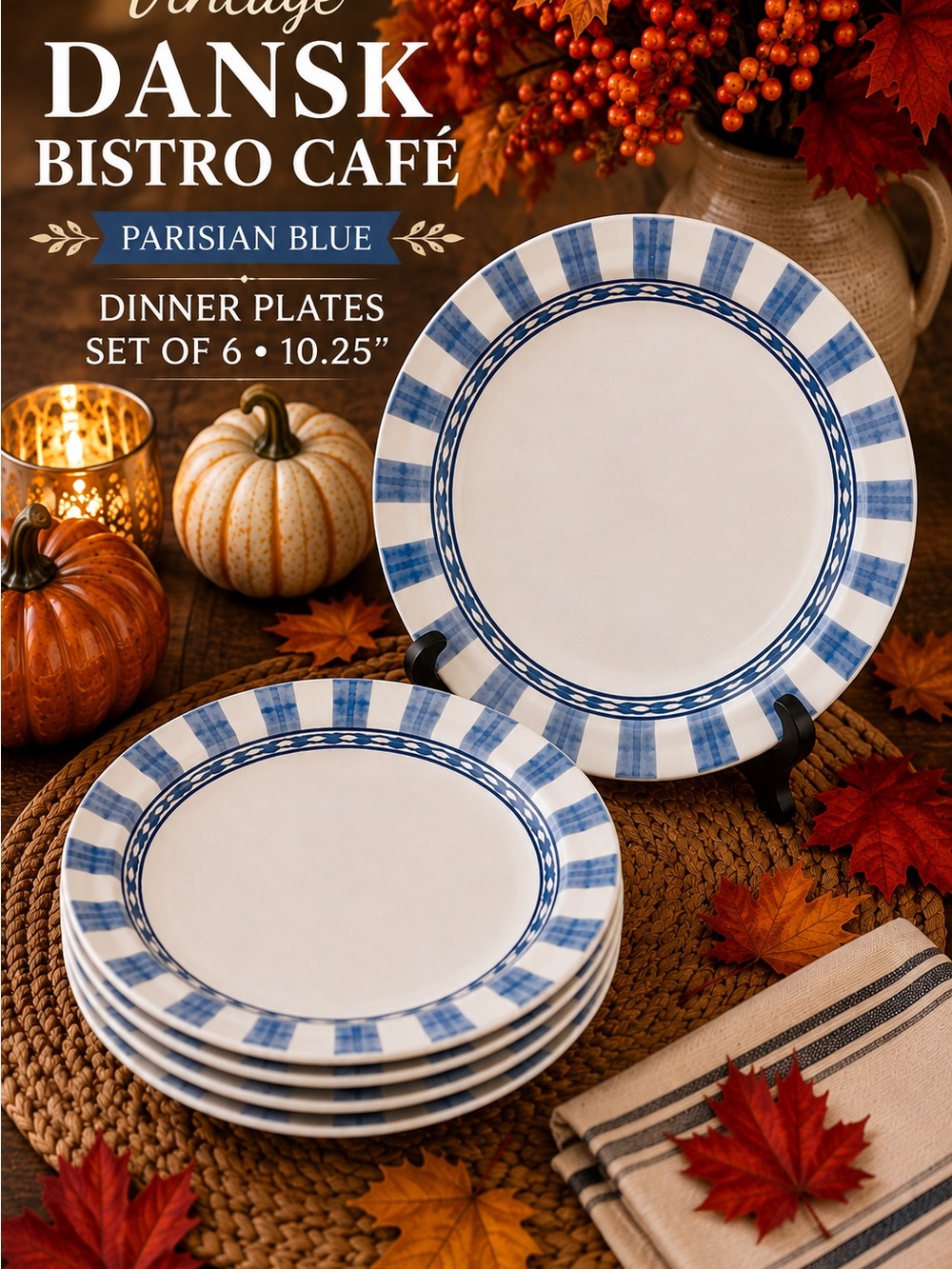 Vintage Dansk Bistro Cafe Parisian Blue Dinner Plates Set of 6 10.25